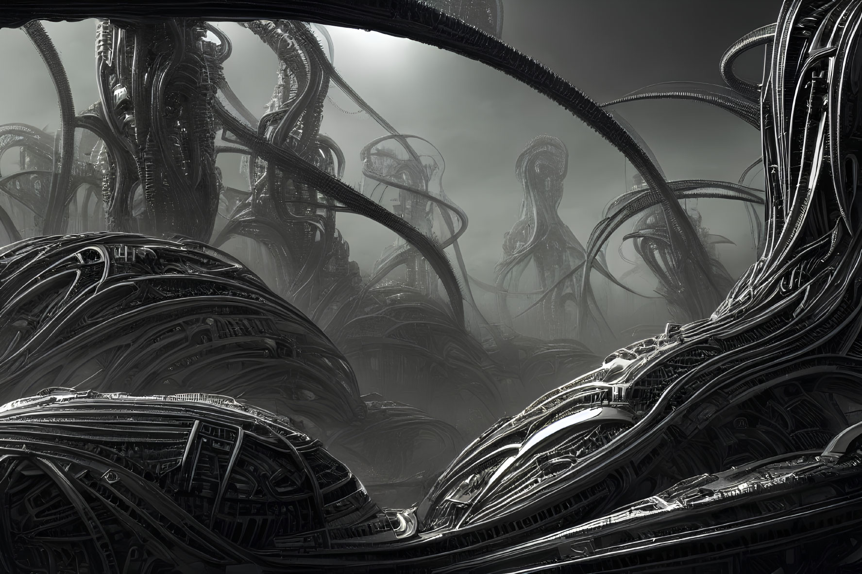 Monochrome image of intricate, twisted alien-like structures with biomechanical details.