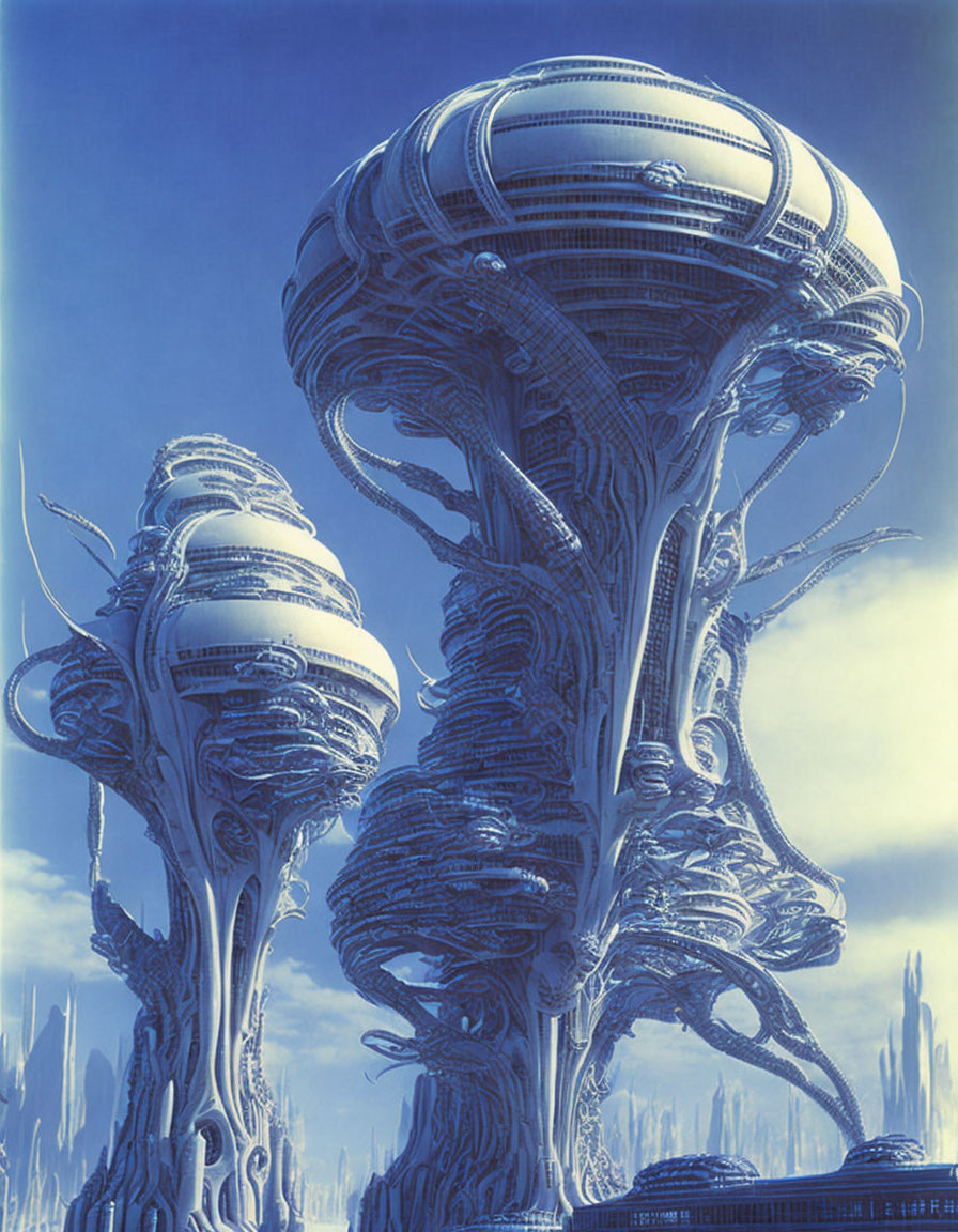 Intricate alien architecture of futuristic tree-like towers