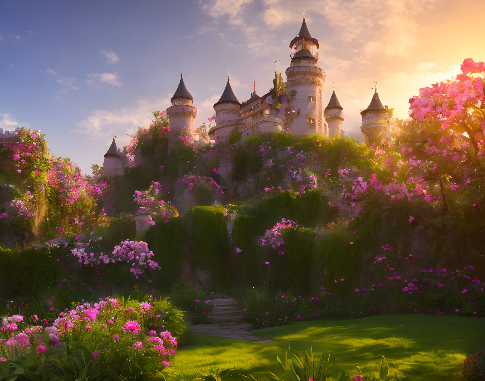 Enchanting castle in lush landscape with pink flowers