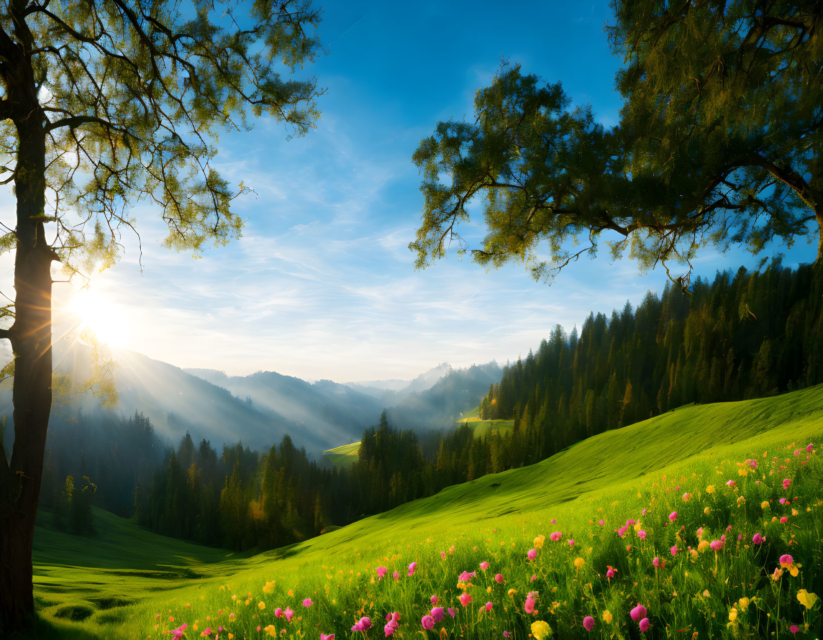 Tranquil sunrise over misty hills and lush meadow