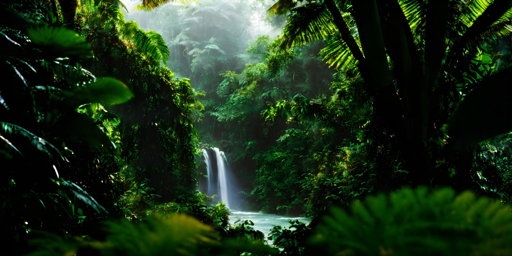 Lush Green Jungle with Ferns and Waterfall in Mist