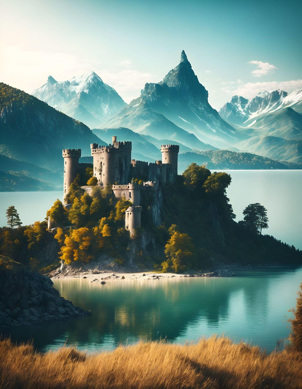 Majestic castle on hill overlooking lake and mountains