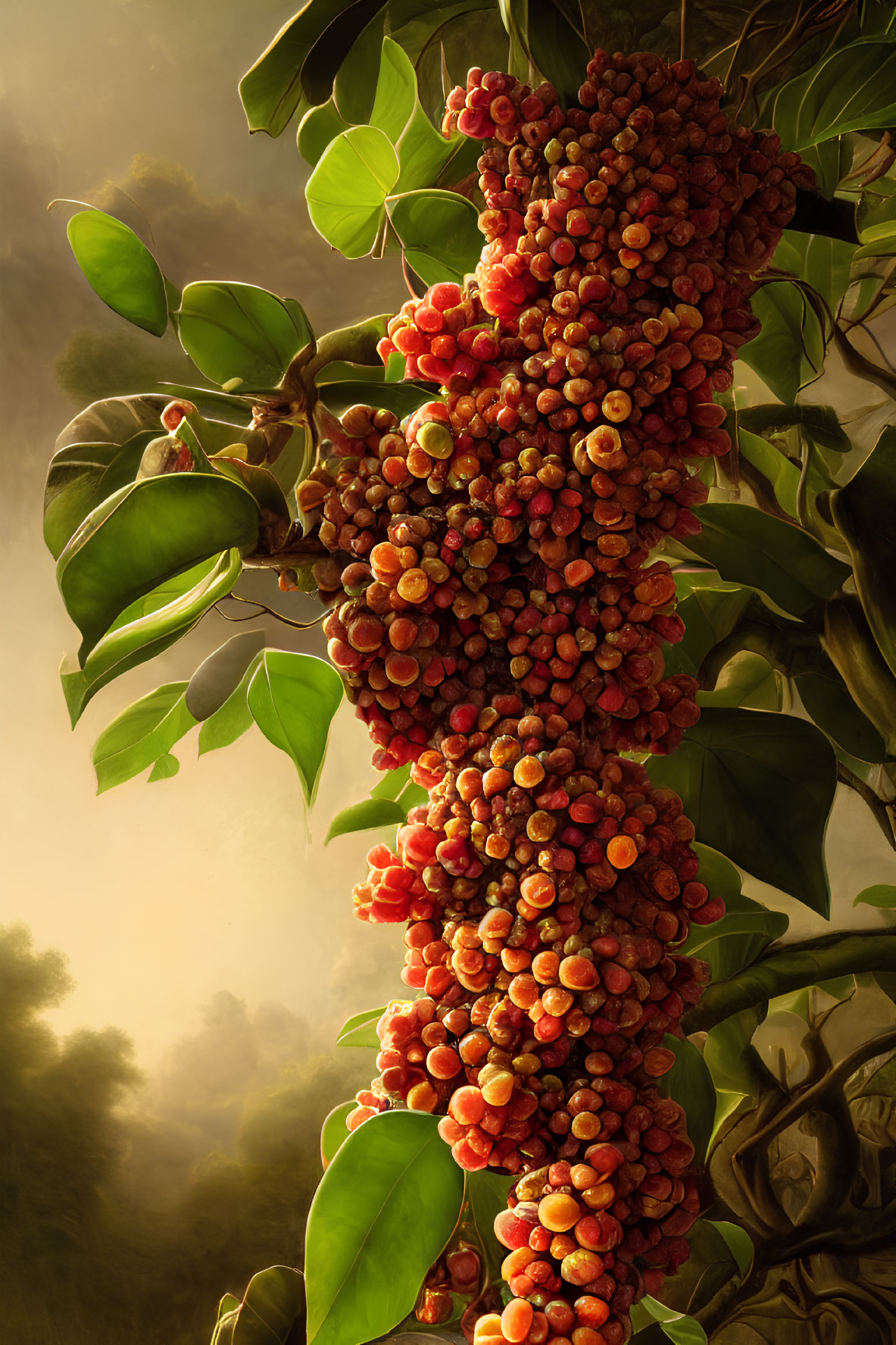 Ripe red fruits on tree in warm light with misty backdrop