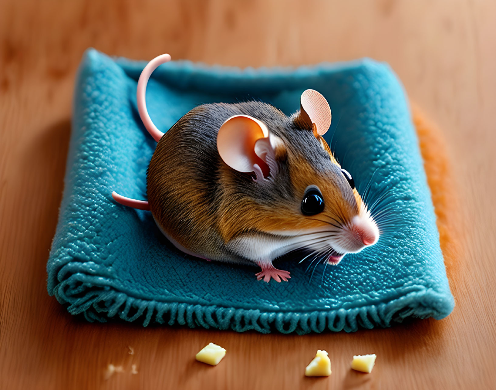 Realistic Mouse Illustration on Teal Knitted Fabric with Cheese Pieces