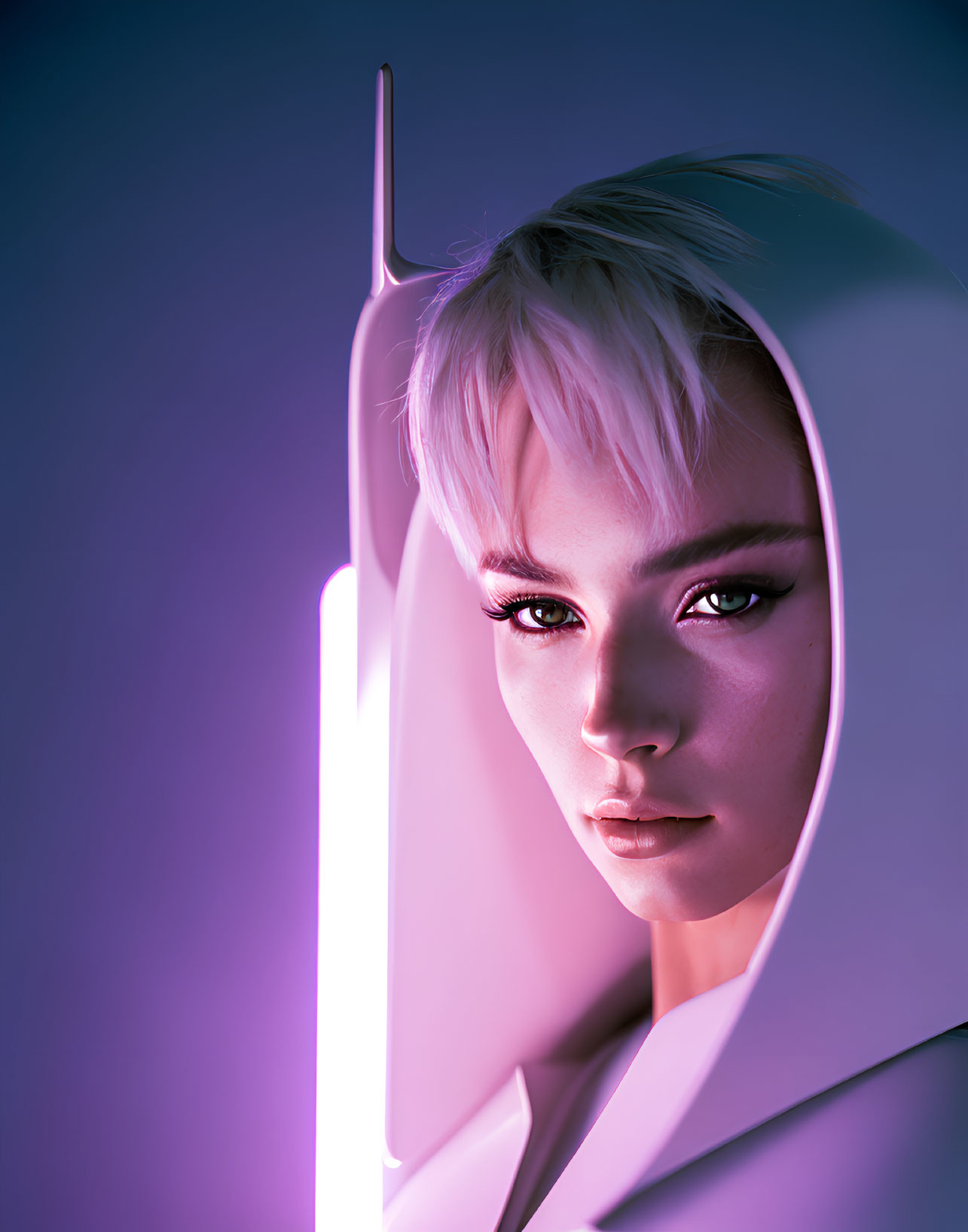 Blonde woman under neon light on purple background