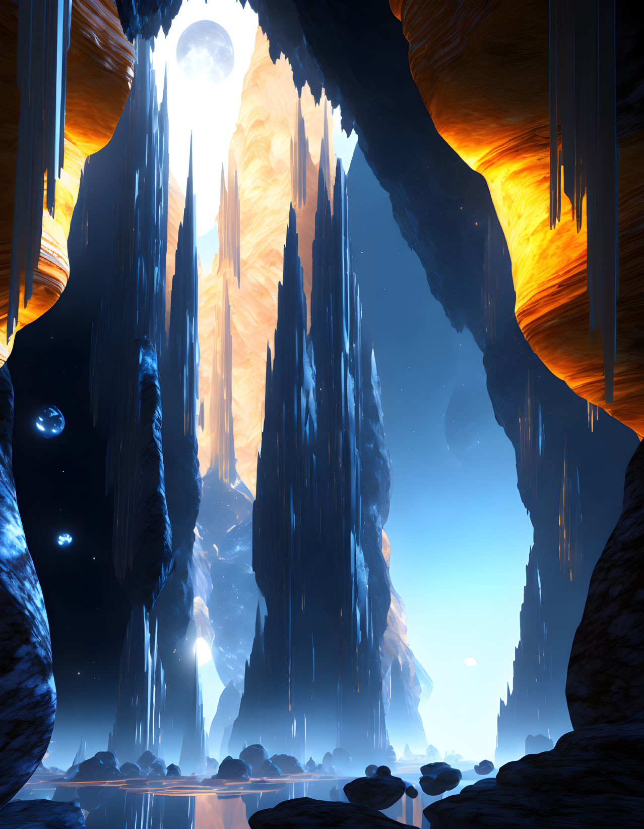 Majestic cave with blue icicles, lava ceiling, celestial light, and water reflection