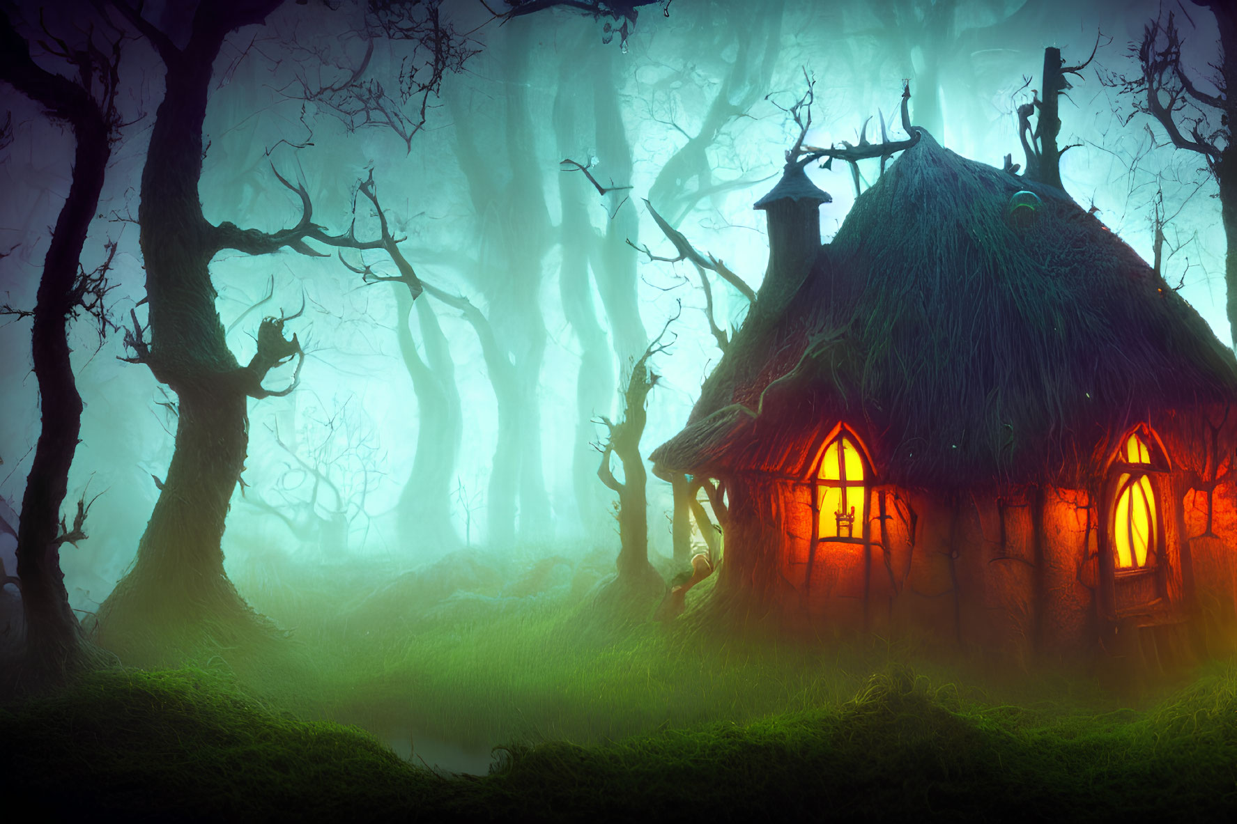 Enchanting Thatched-Roof Cottage in Eerie Forest