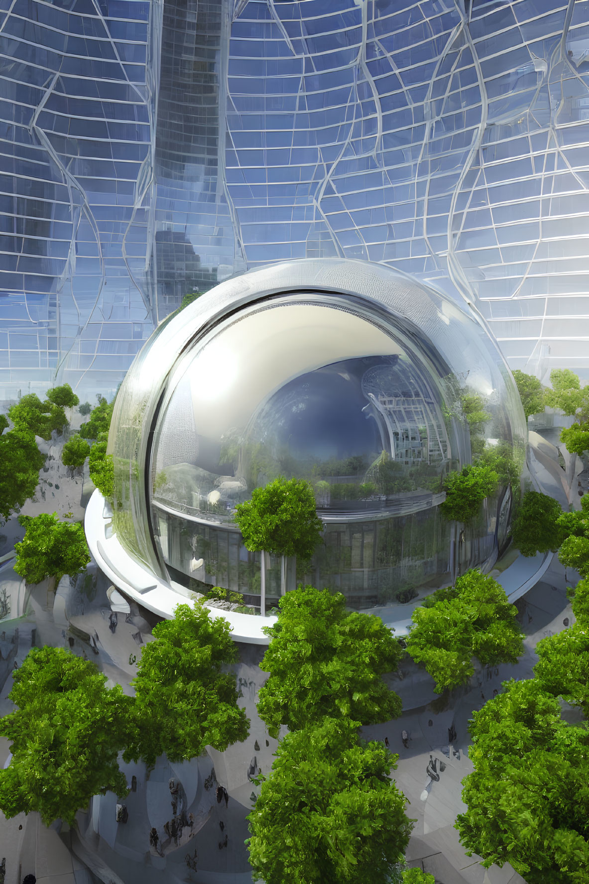 Futuristic glass dome in lush greenery with park and skyscraper reflections