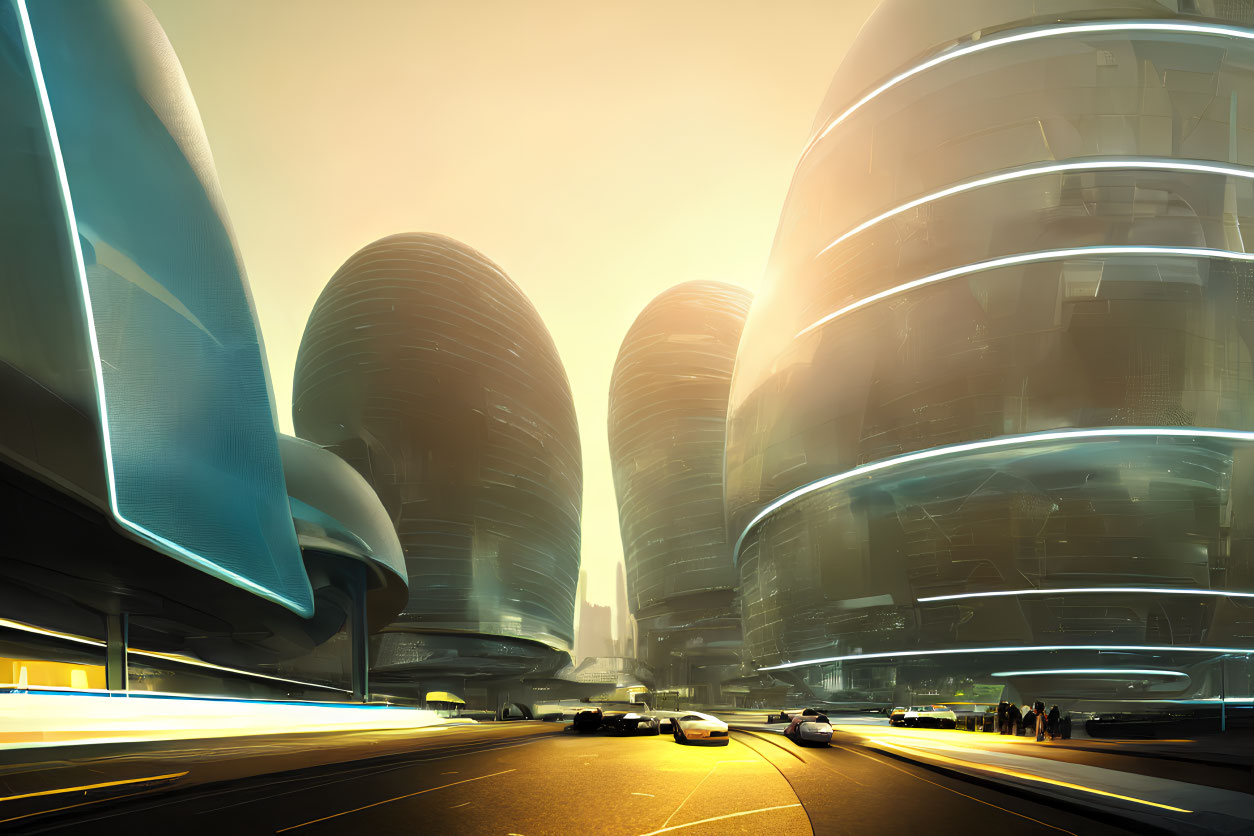 Sleek futuristic cityscape at golden sunset