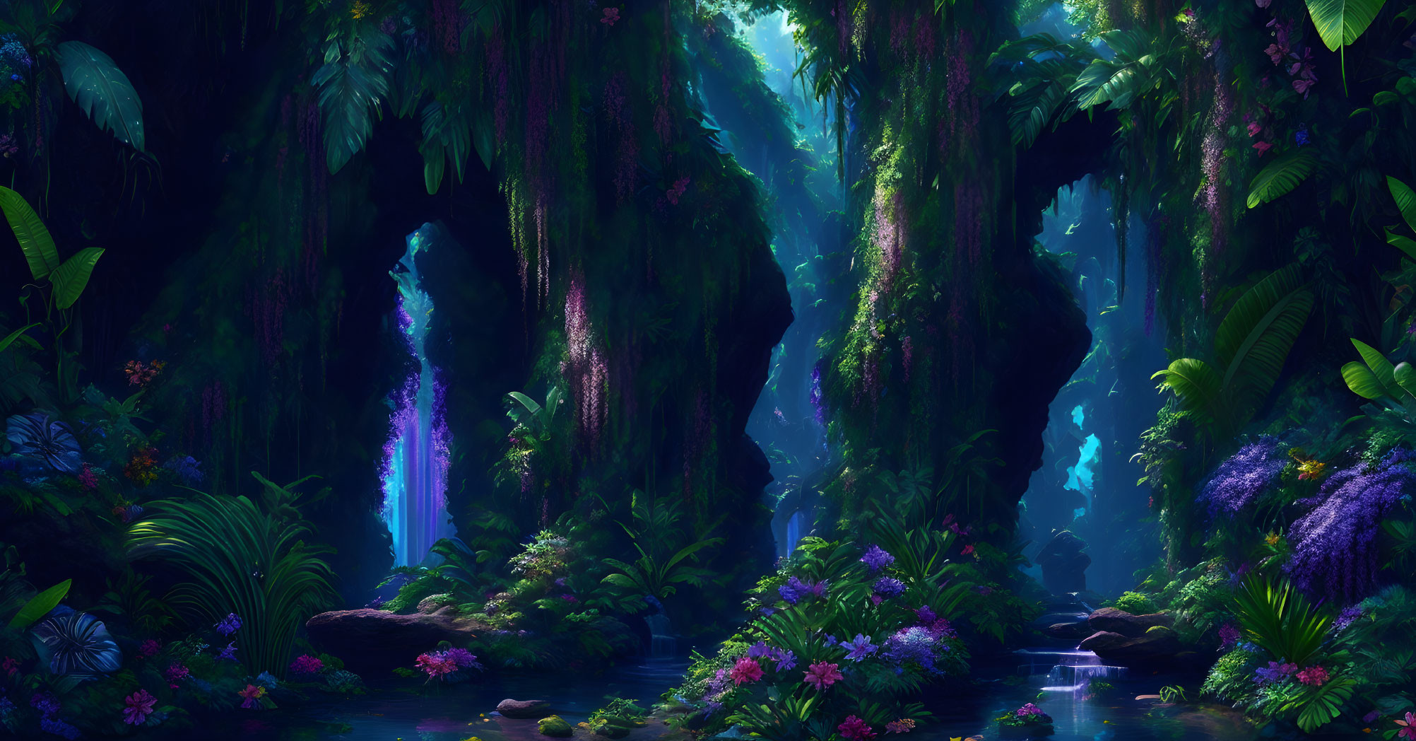 Lush forest with vibrant flowers and small waterfall in ethereal light