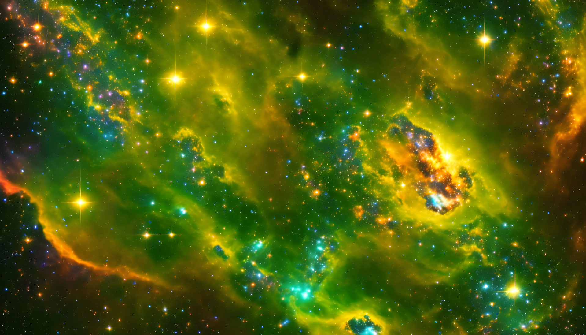 Colorful space image: Stars, gas, dust in green, orange, yellow