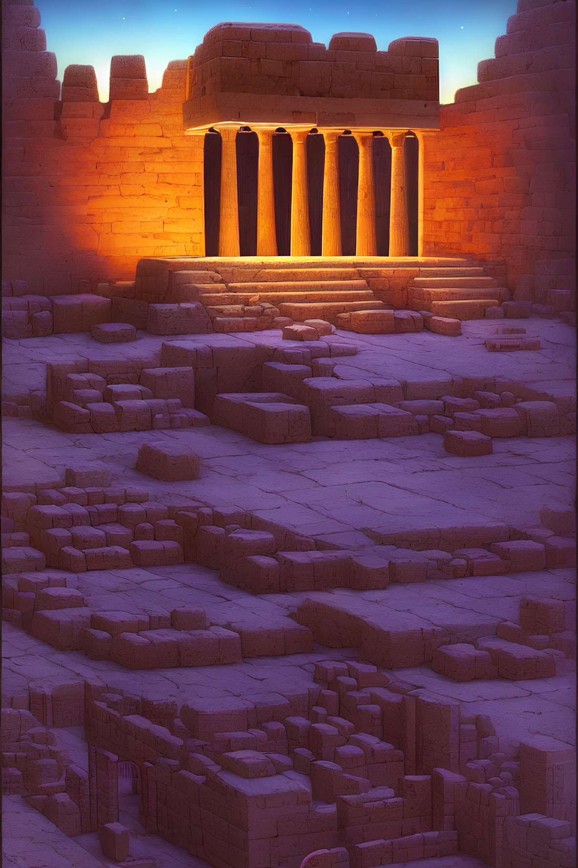 Ancient temple ruins at sunset with towering columns and scattered stone blocks