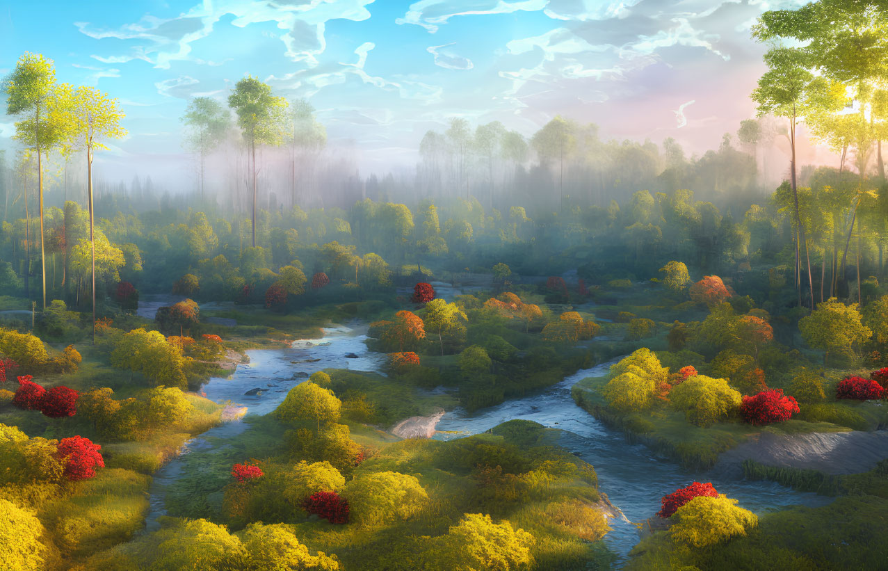 Tranquil sunrise scene: meandering stream in lush forest