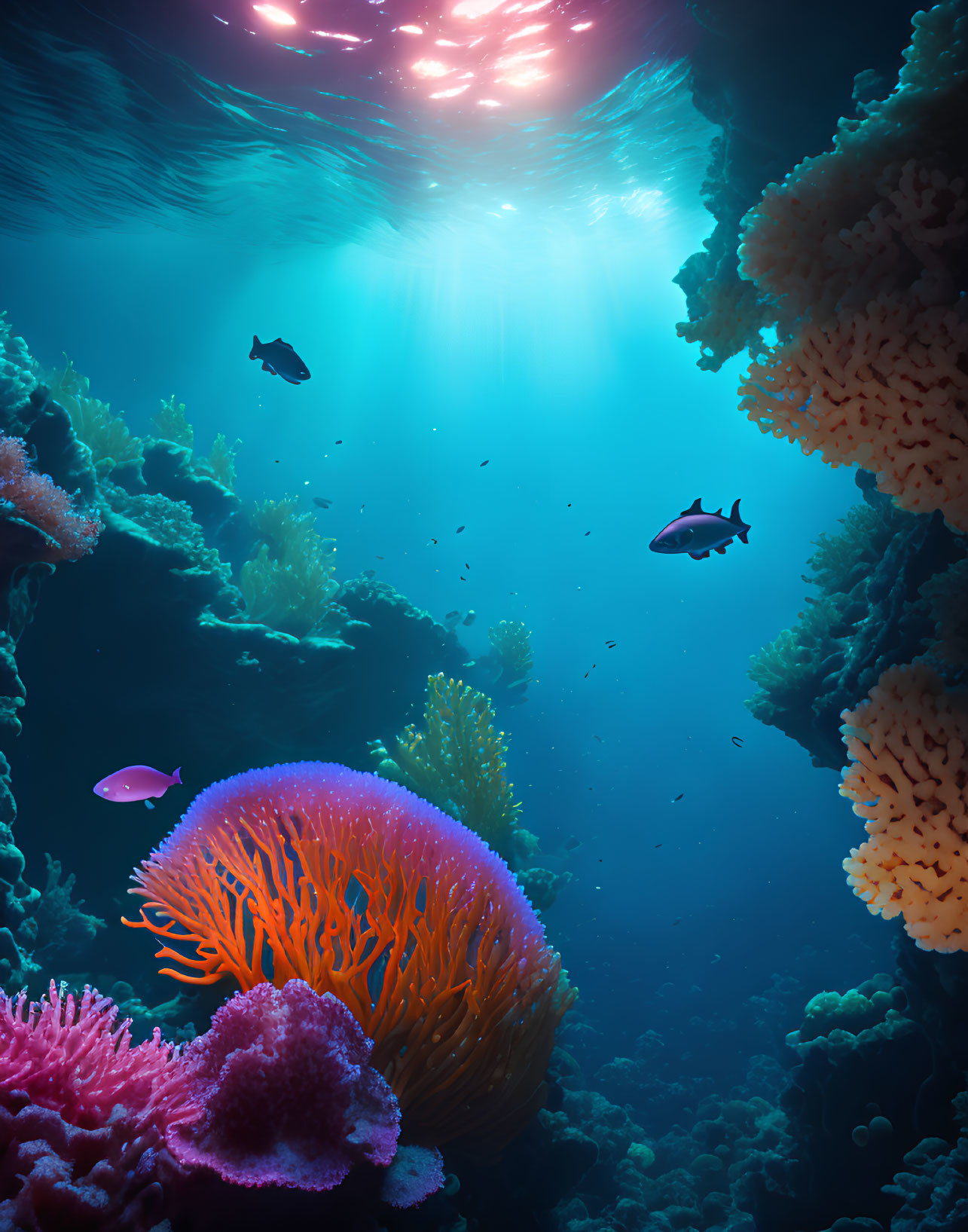 Vibrant coral reefs and fish in serene underwater scene