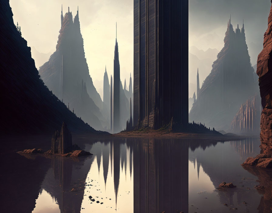 Alien landscape with towering spires and cliffs reflected in dark water