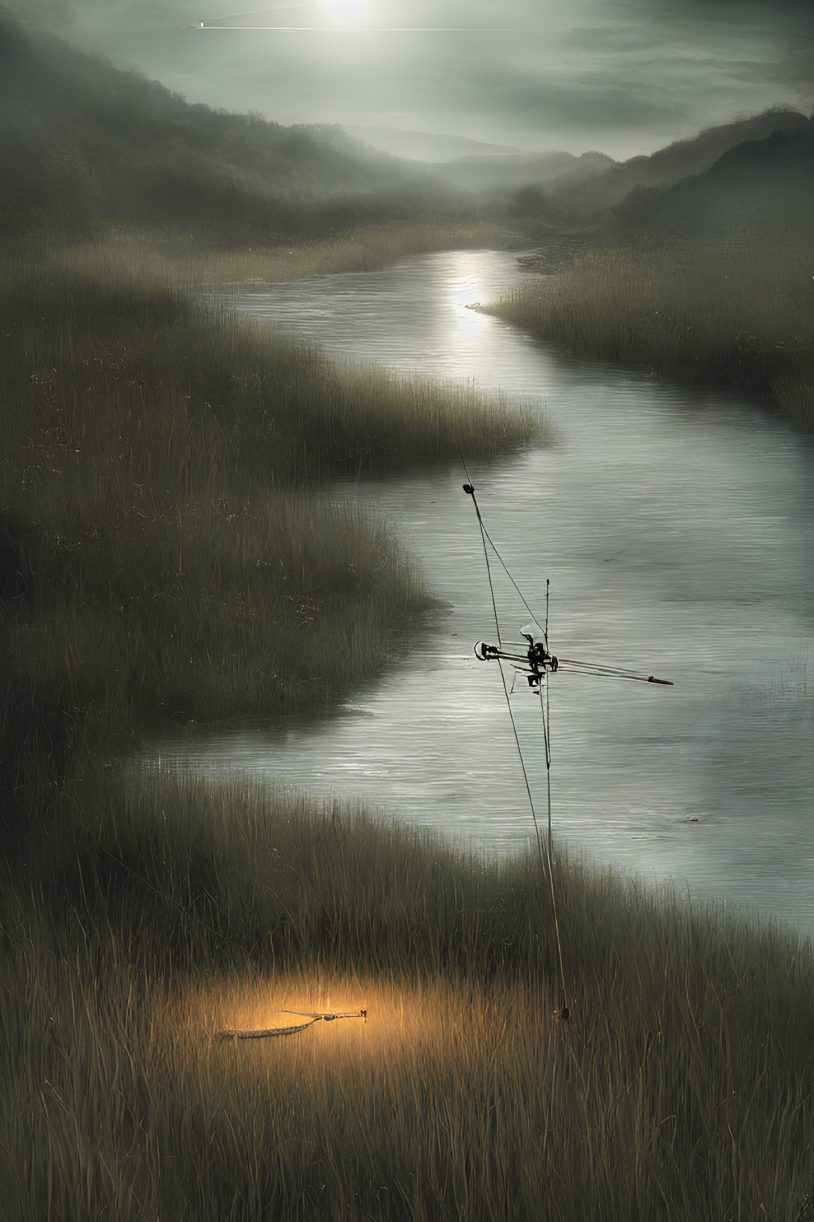 Tranquil landscape: winding river, tall grasses, warm sunset glow