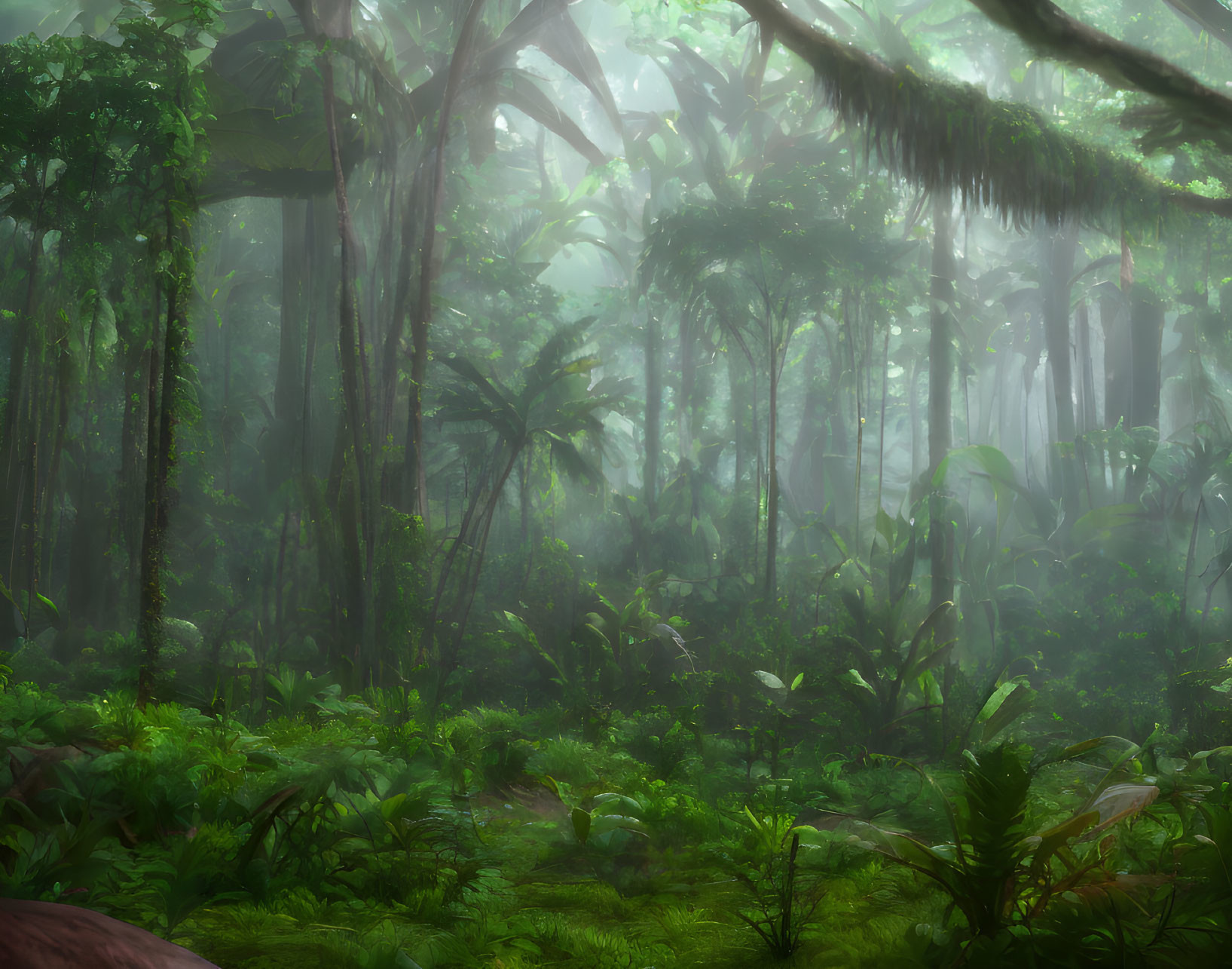 Lush Tropical Rainforest with Towering Trees and Misty Atmosphere