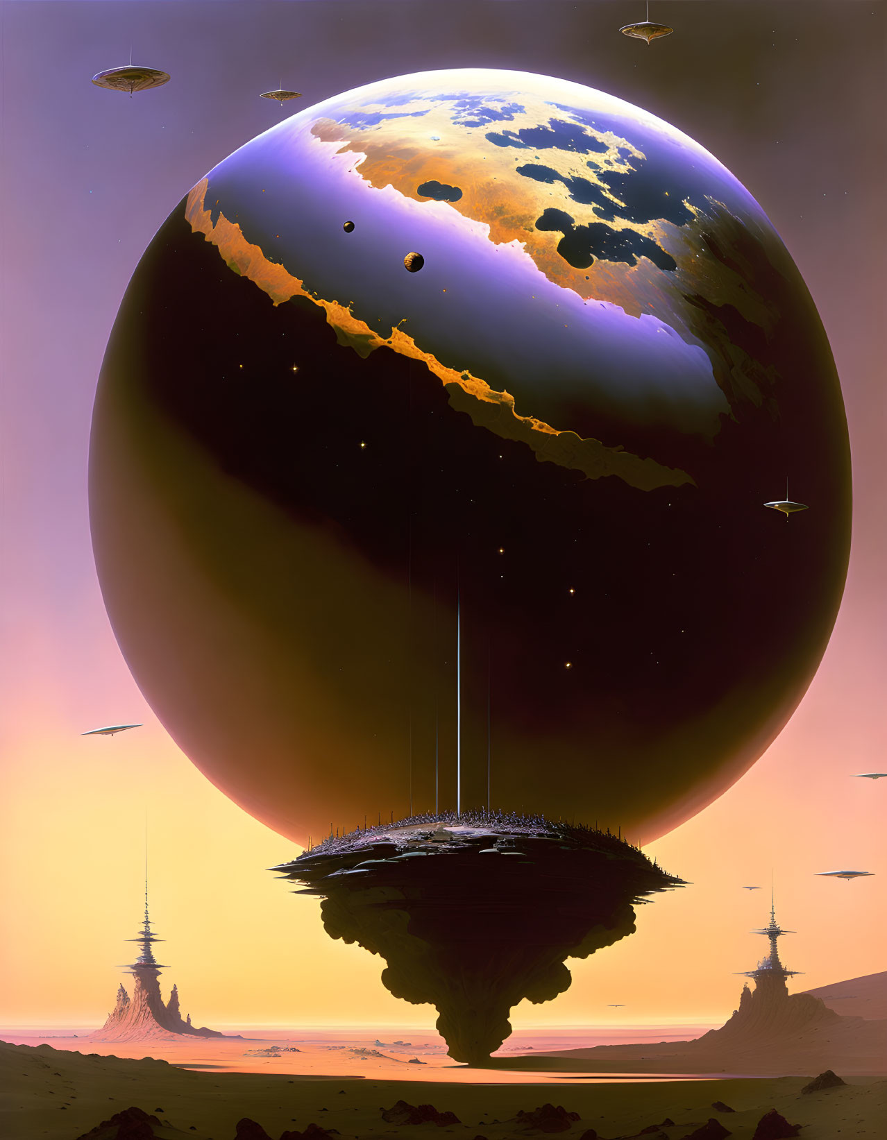 Surreal sci-fi landscape with floating islands and spaceships