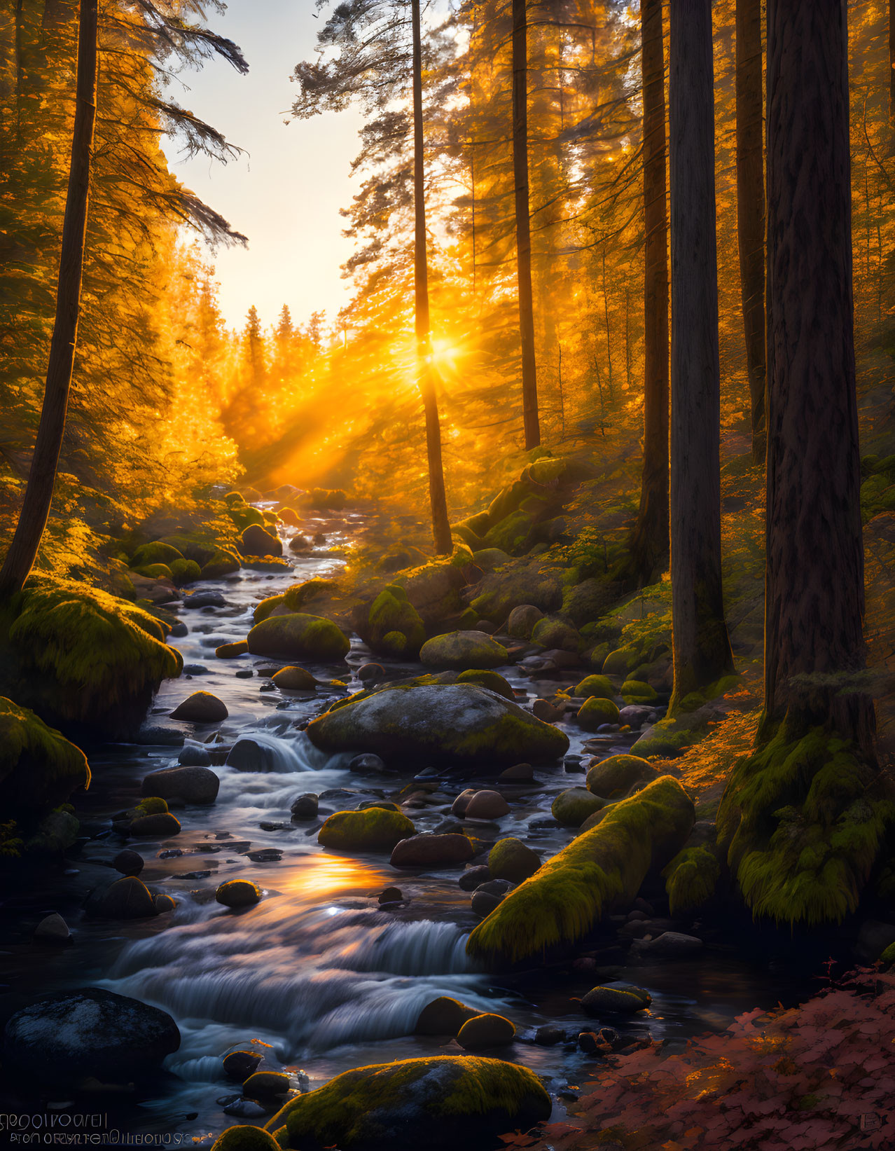 Serene forest stream with sunlight and autumn foliage