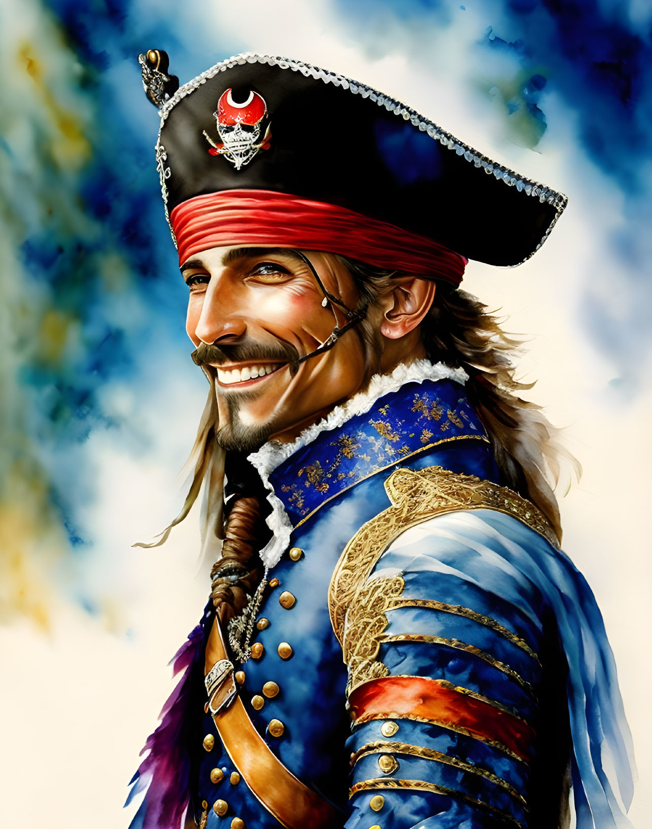 Smiling pirate with red bandana and tricorne hat under clear sky