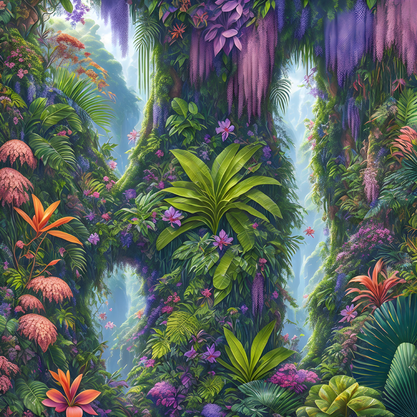 Lush vibrant jungle scene with dense foliage and exotic flowers