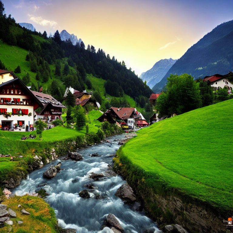 Traditional village nestled in lush green valley with vibrant blue stream and majestic mountains.