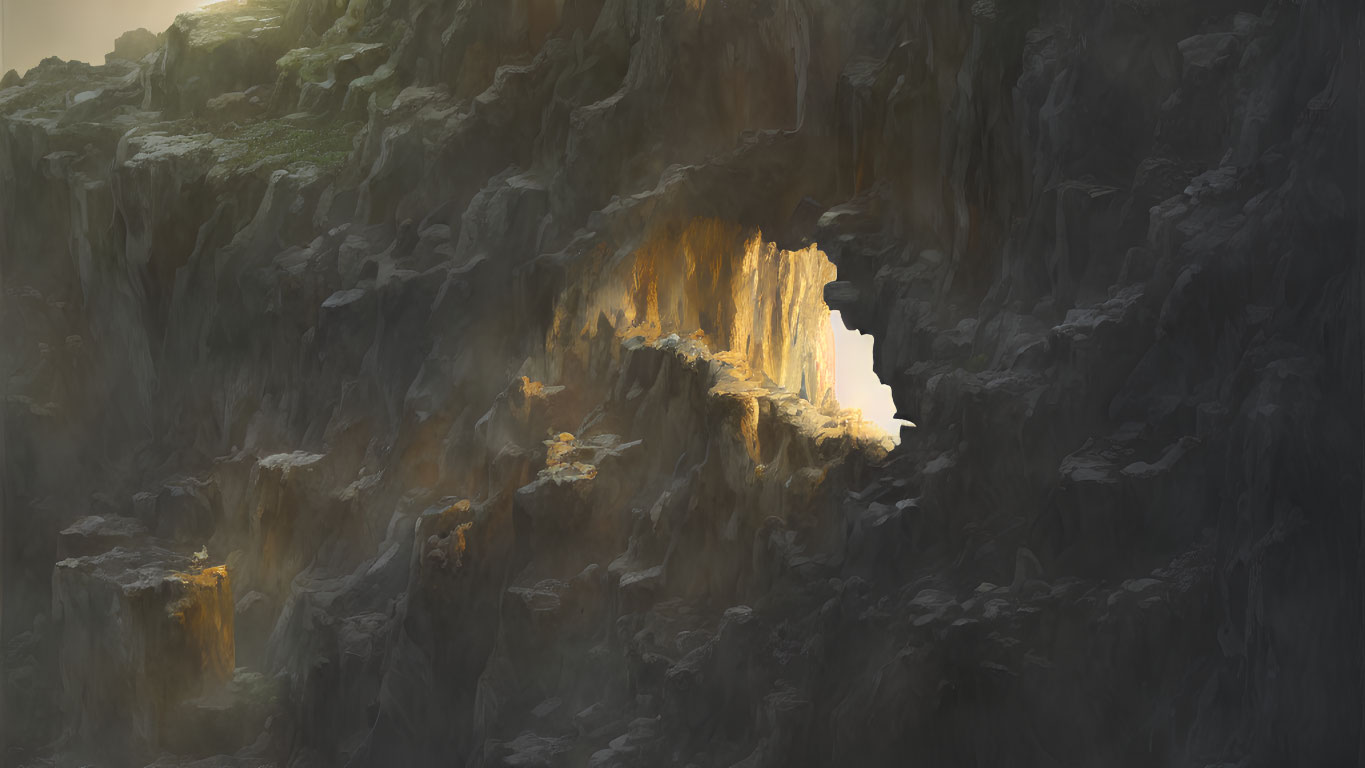 Sunlit Rocky Cave Entrance with Textured Surfaces