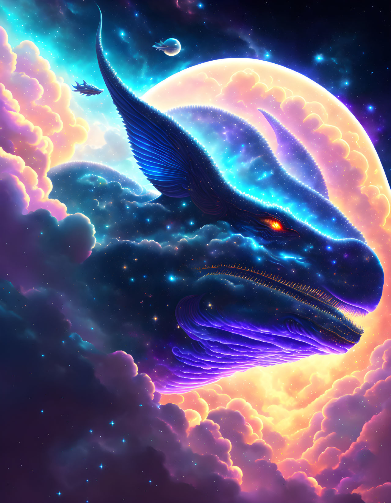 Cosmic dragon with star-filled body, glowing eyes, soaring among clouds.