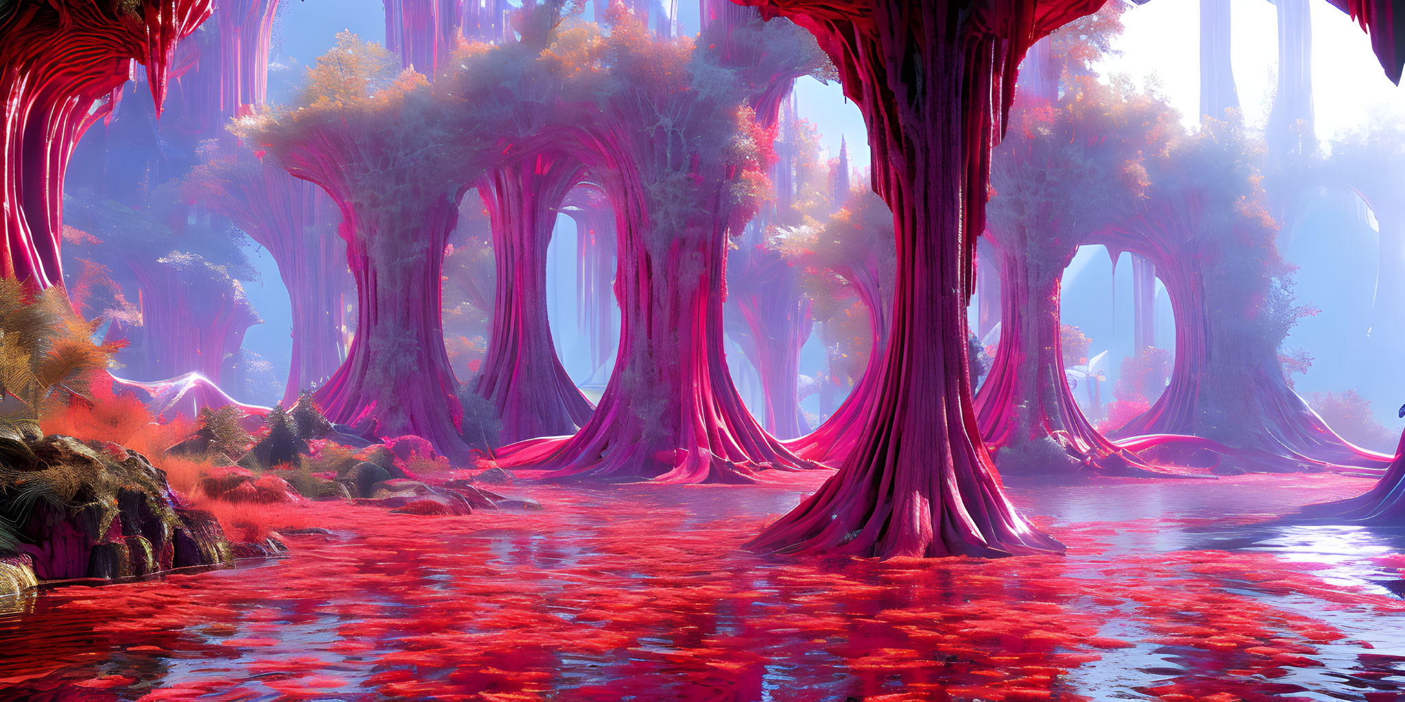 Vibrant alien forest with pink and red trees, crimson lake, and glowing sky