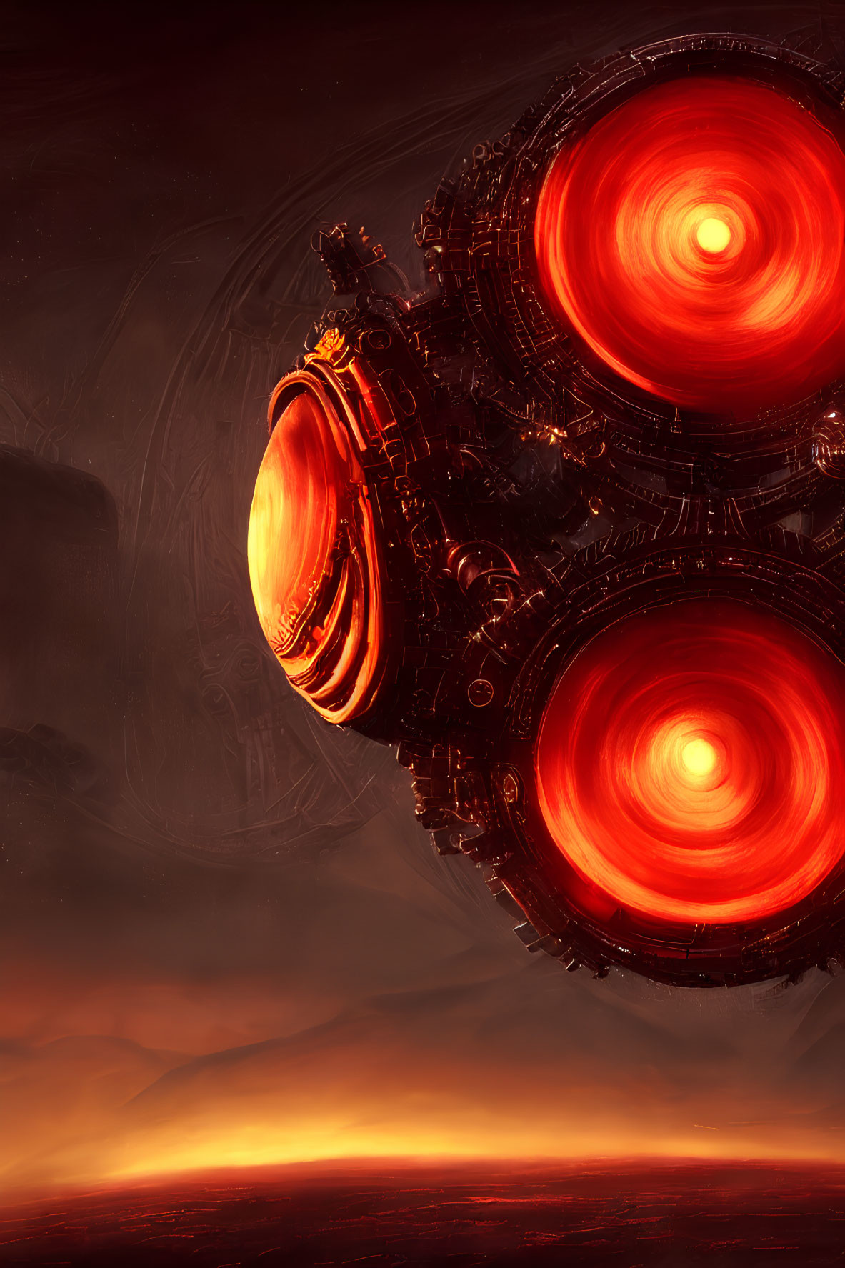 Sci-fi scene: Three glowing red engines on spacecraft in orange sky