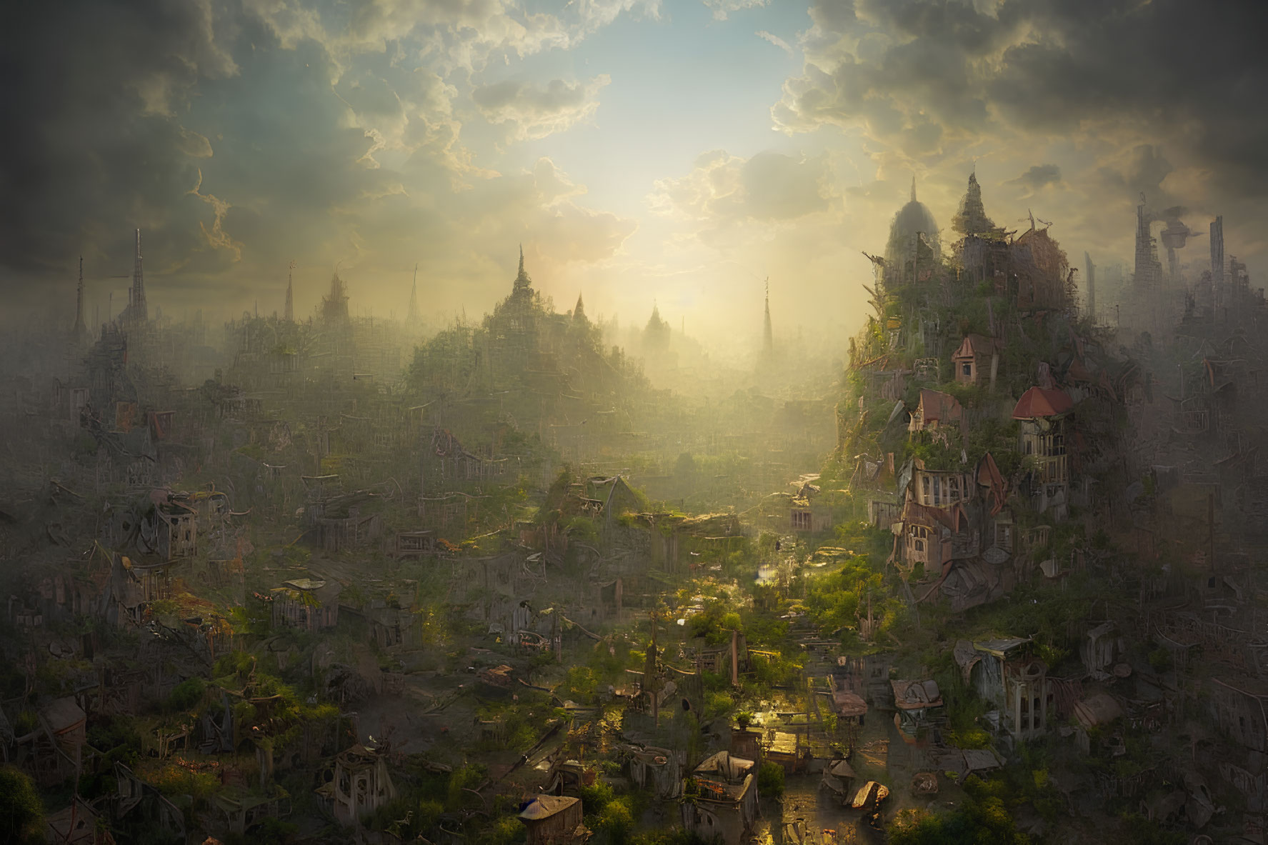 Fantasy landscape with ancient ruins and spires at sunset