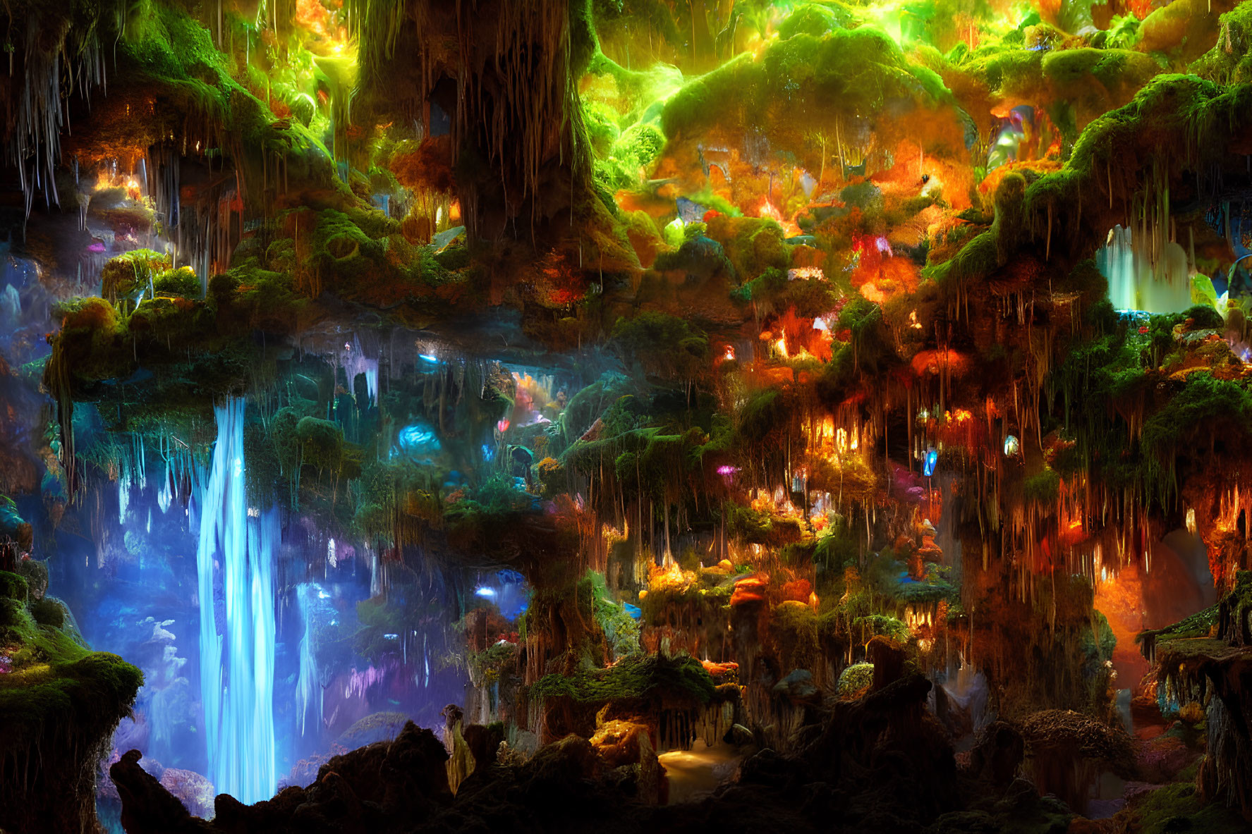 Fantastical underground cave with glowing flora and waterfall