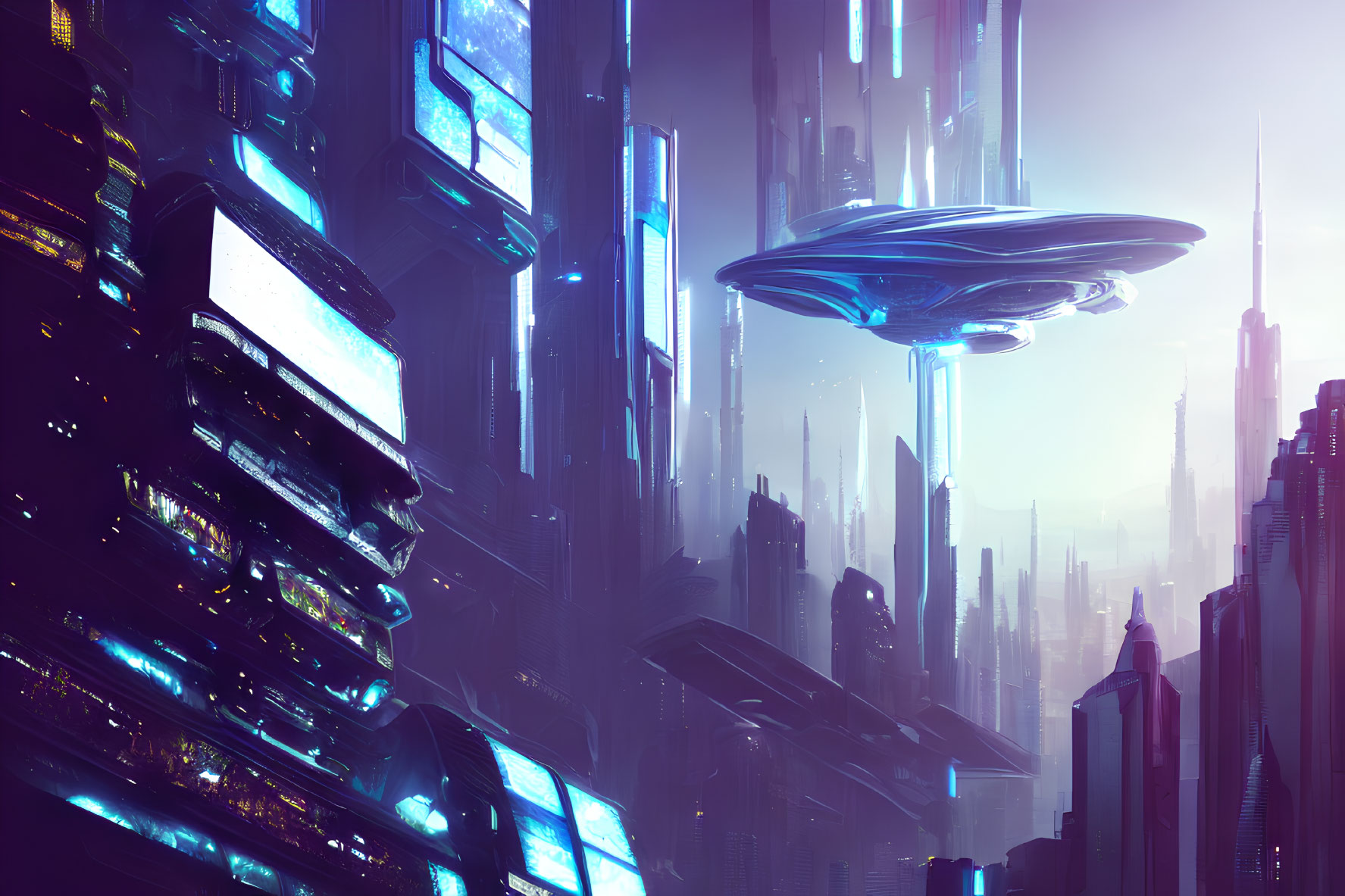 Neon-lit skyscrapers and flying saucer in futuristic cityscape