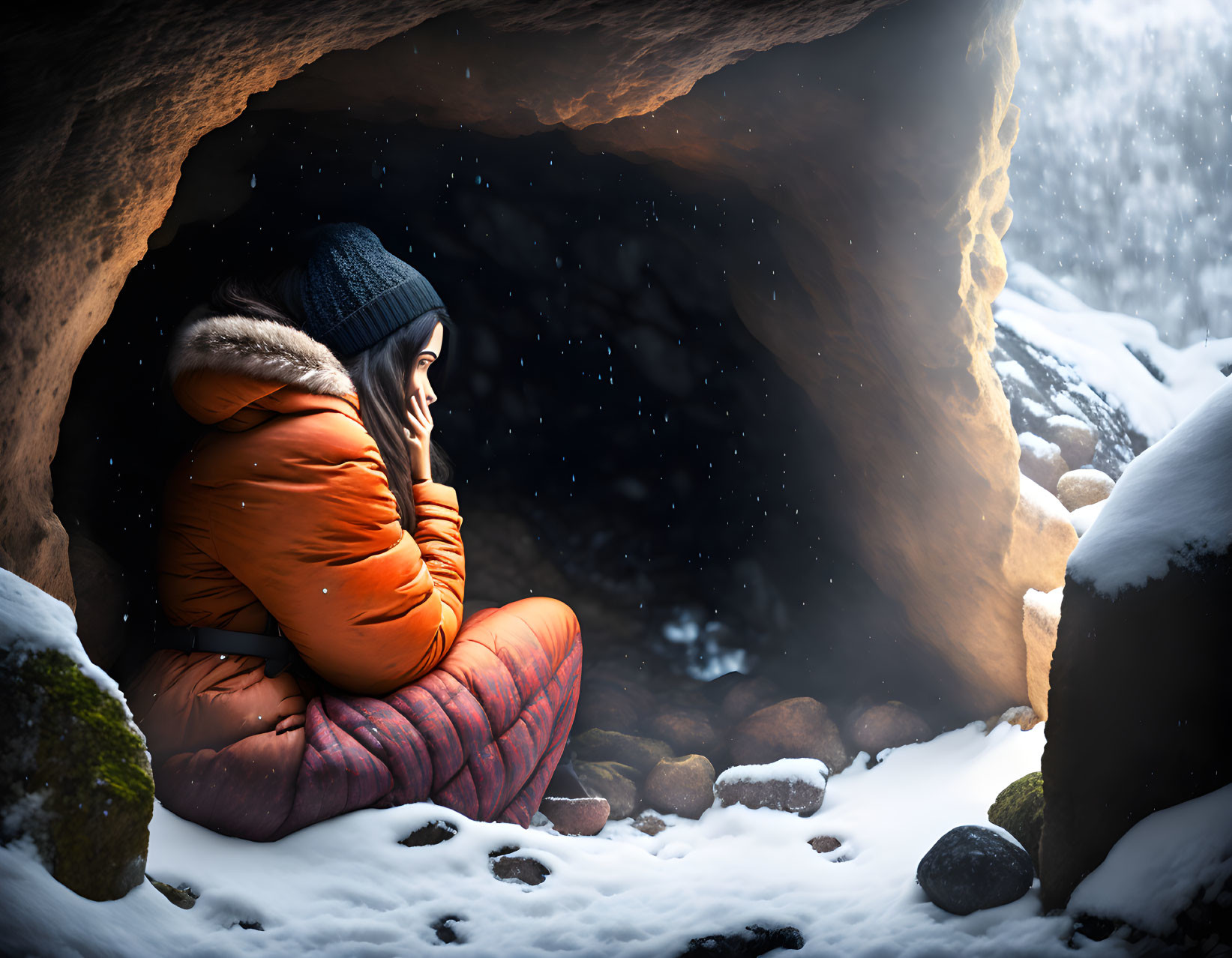 Person in Orange Jacket Contemplating in Snowy Cave