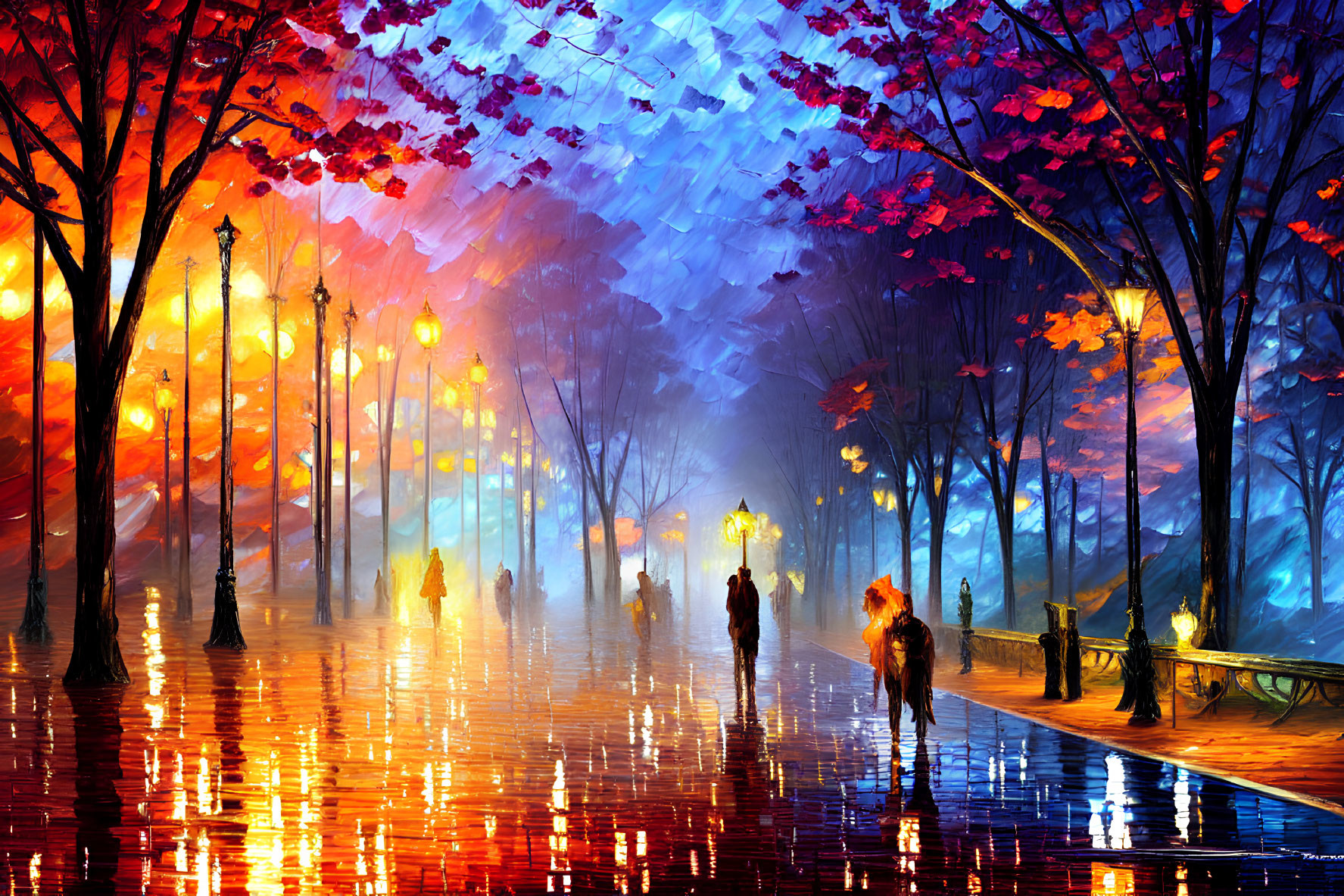 Colorful Impressionistic Painting of People Strolling on Wet Path