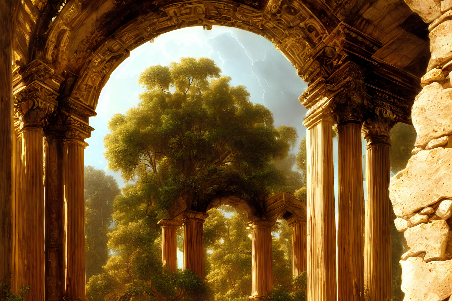 Stone archway frames lush greenery and distant lightning in serene view.