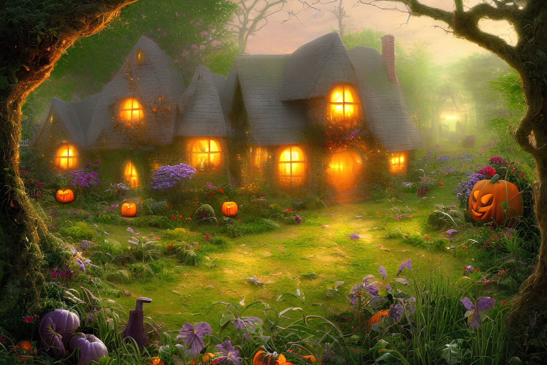 Enchanting twilight scene of thatched-roof cottages and pumpkins