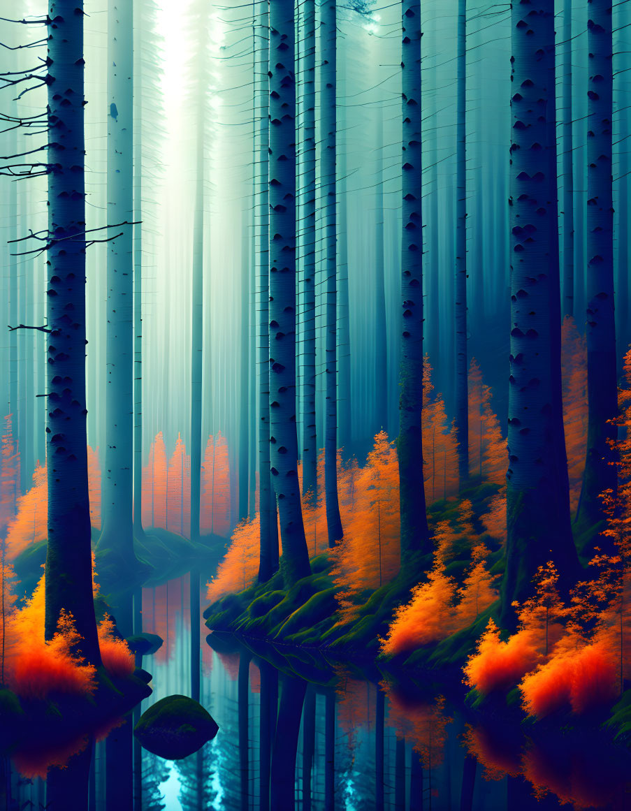 Mystical forest with towering trees and vibrant orange foliage