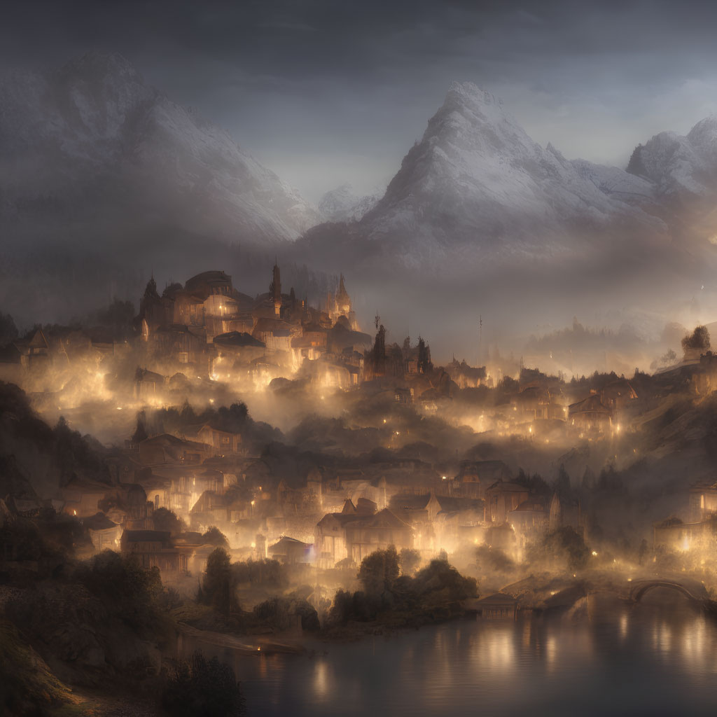 Misty mountain landscape with medieval village and tranquil river at dawn or dusk