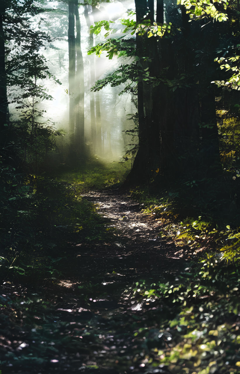 Tranquil forest path with misty sunlight and towering trees