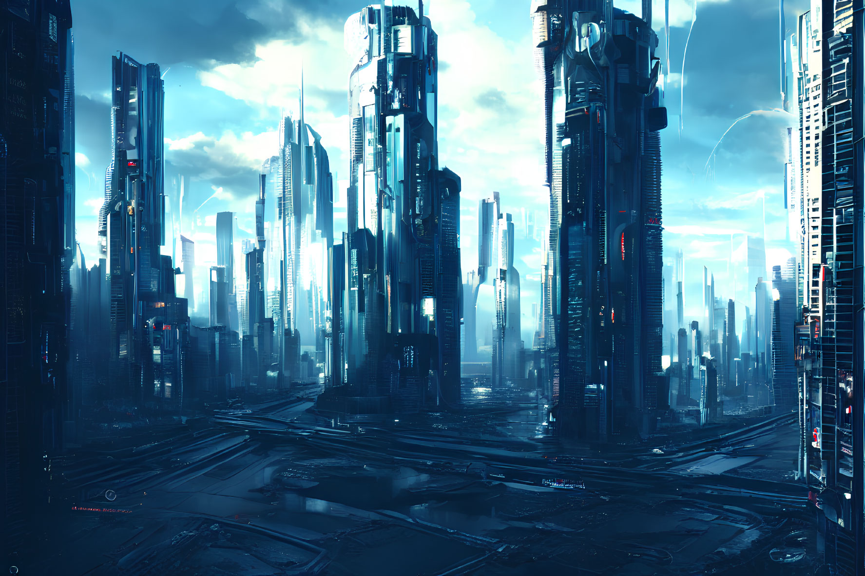 Futuristic cityscape with towering skyscrapers and glowing lights