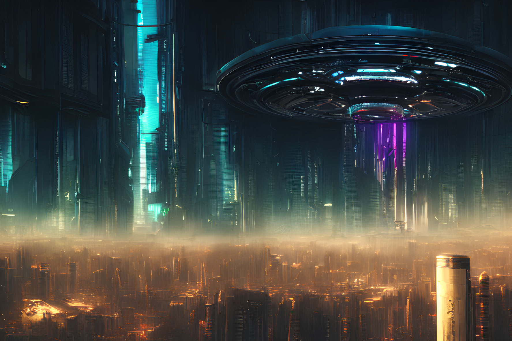 Futuristic cityscape with mist, skyscrapers, and UFO amidst neon lights