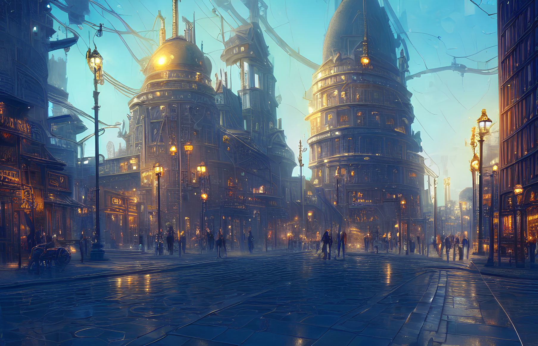 Futuristic cityscape at dusk with towering domed buildings