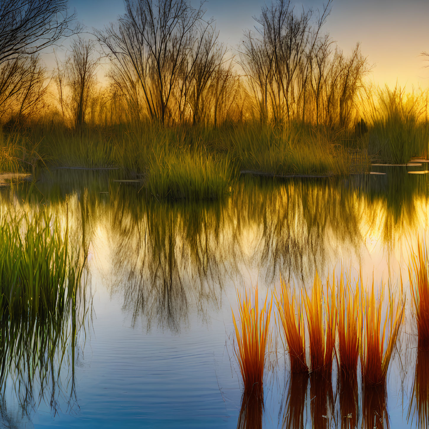 Tranquil lake at sunset with grasses, trees, and vibrant sky