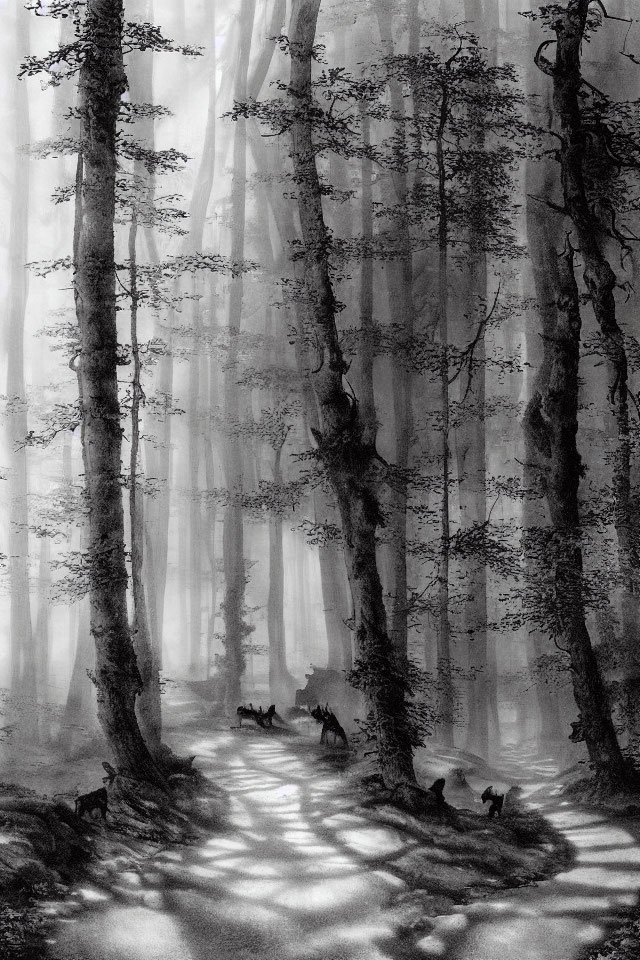 Monochrome mystical forest with light piercing fog and deer silhouettes