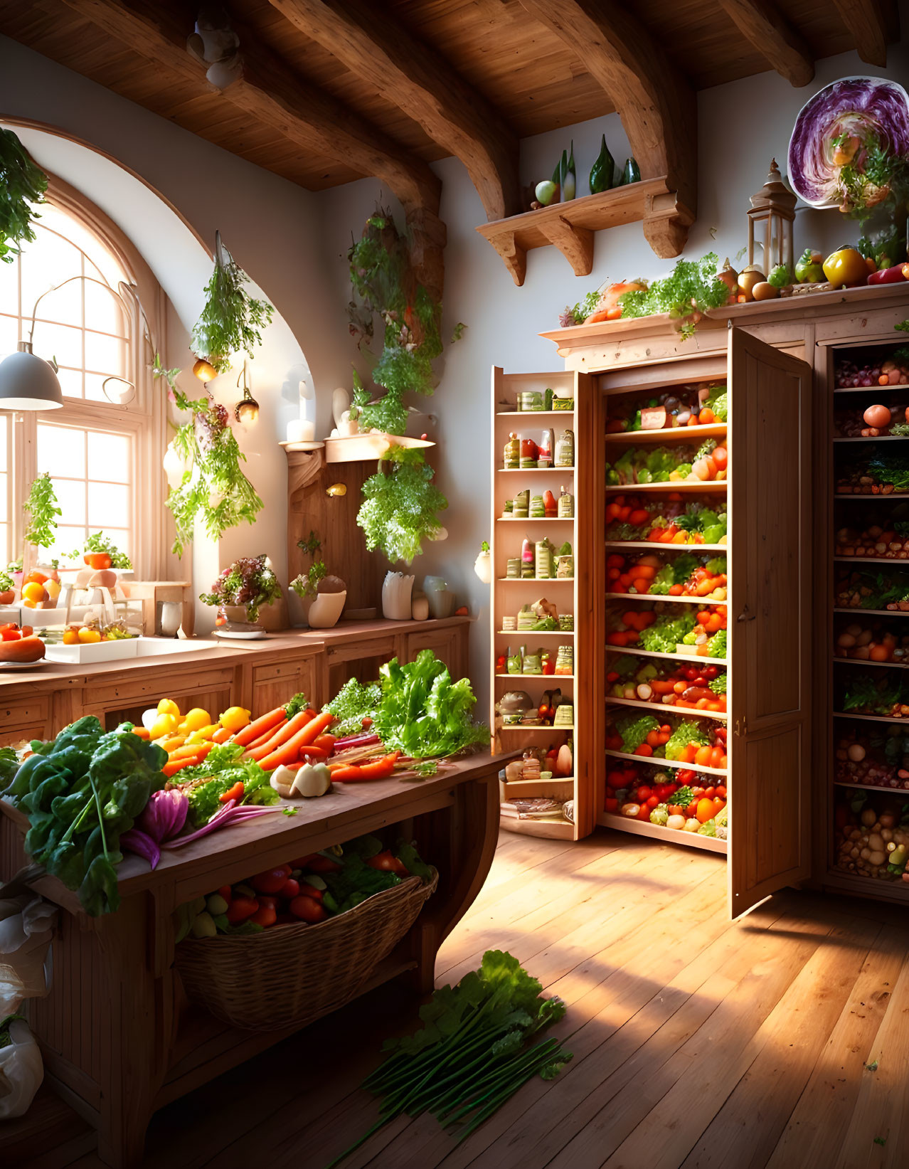 Sunlit pantry with fresh vegetables and preserved jars.