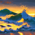 Vibrant ocean sunset scene with crashing waves and fiery reflections