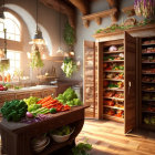 Sunlit pantry with fresh vegetables and preserved jars.