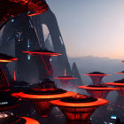 Futuristic cityscape with neon-lit mushroom structures in rocky mountain setting