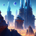 Futuristic cityscape with towering spires in desert setting